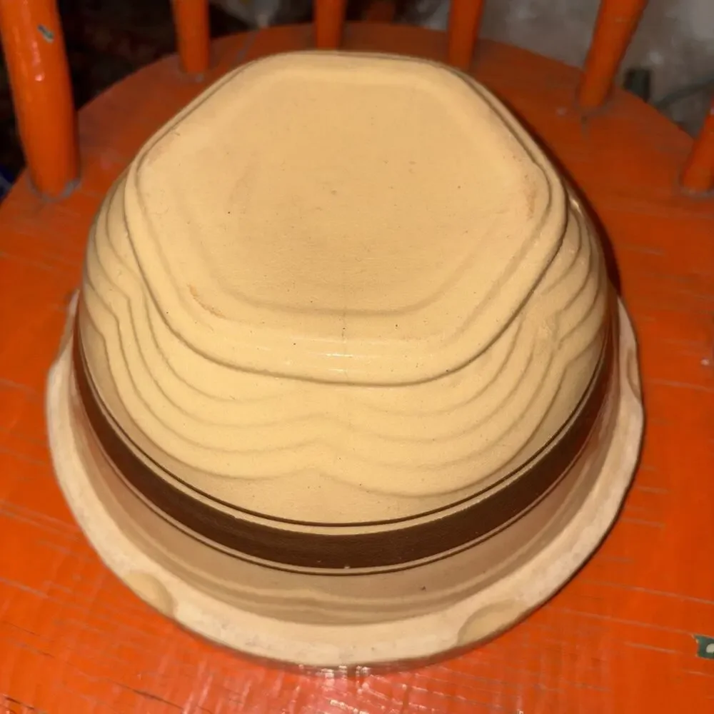 Antique Yellowware Mixing Bowl Brown Bands Molded Panel 9.5” Inch McCoy